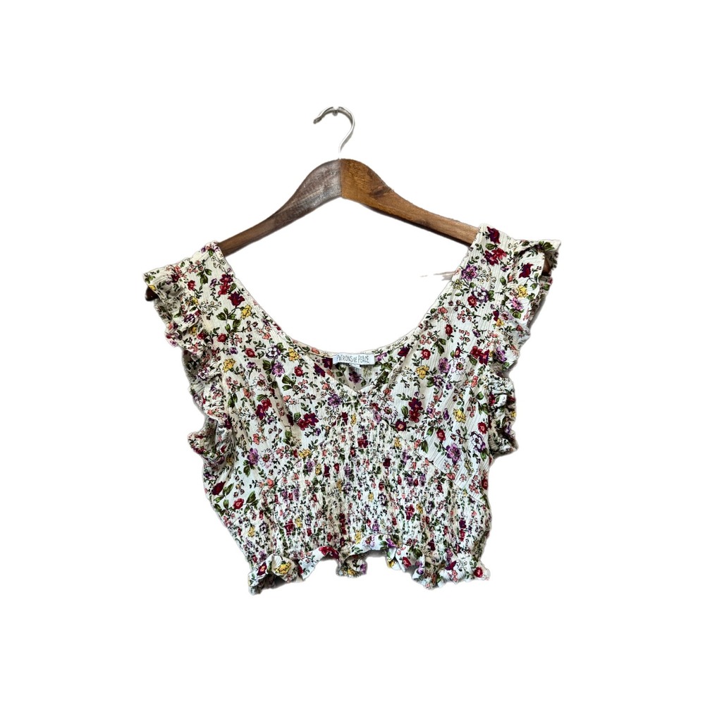 Patrons of Peace Crop Top Womens Small Cream Floral Excellent Smocked Ruffle